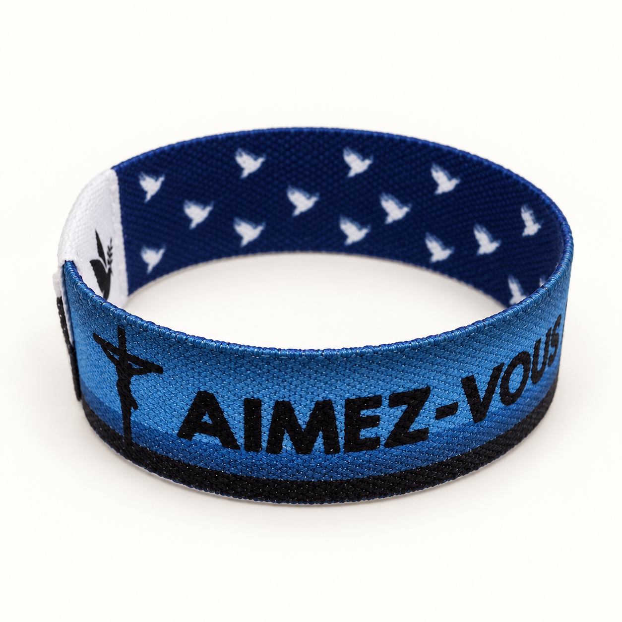 Bracelet Bible Band bleu et blanc Aimez-vous les uns les autres : Verso — croix et inscription
