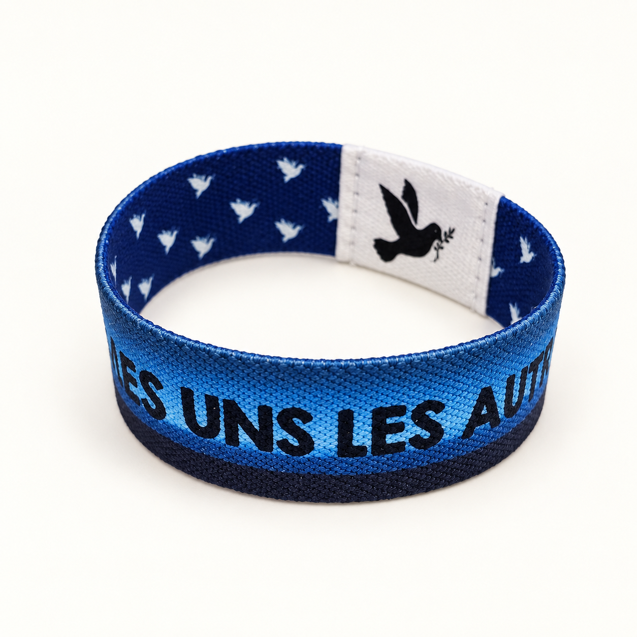 Bracelet Bible Band bleu et blanc Aimez-vous les uns les autres : Verso — message de fraternité