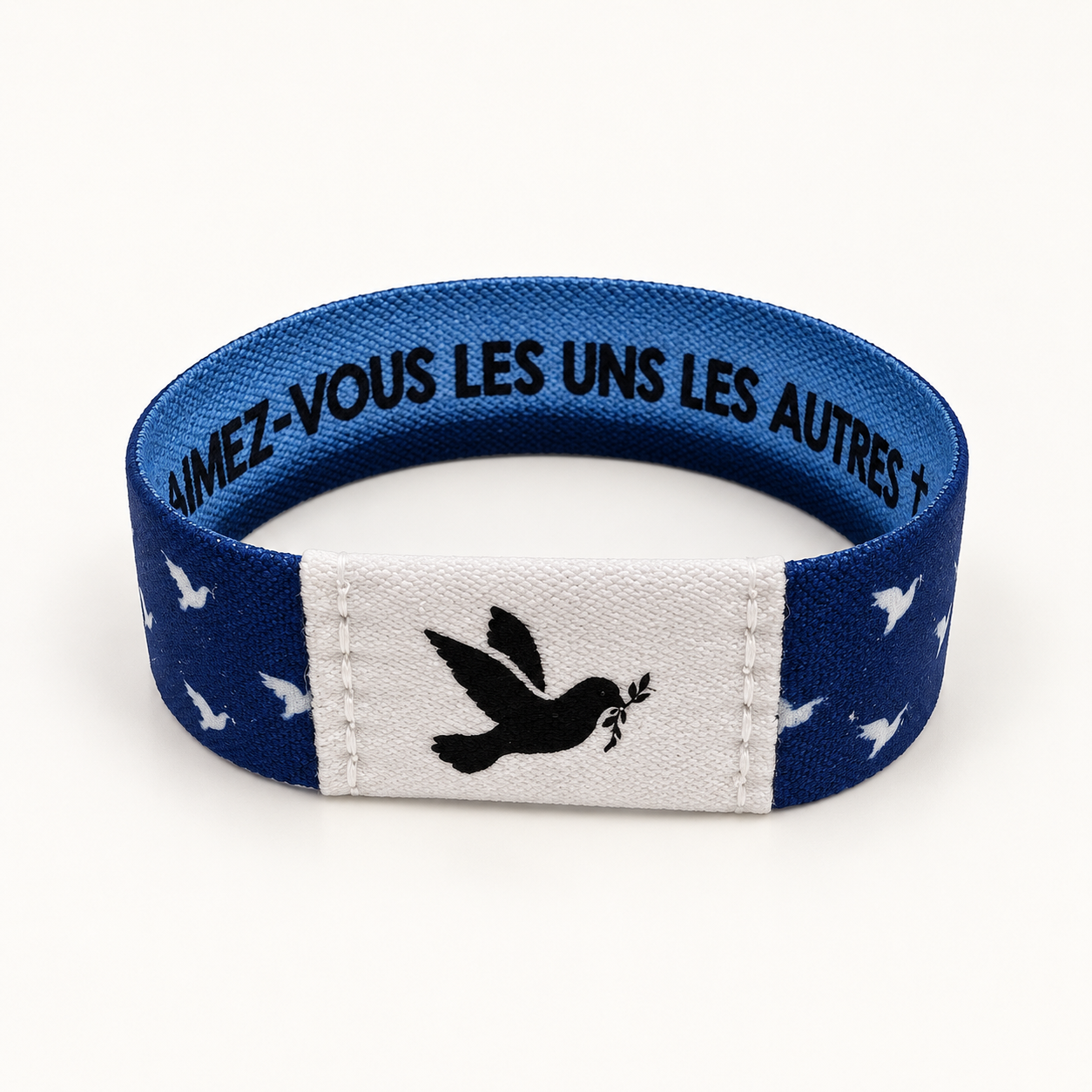 Bracelet Bible Band bleu et blanc Aimez-vous les uns les autres : Vue de face — colombe