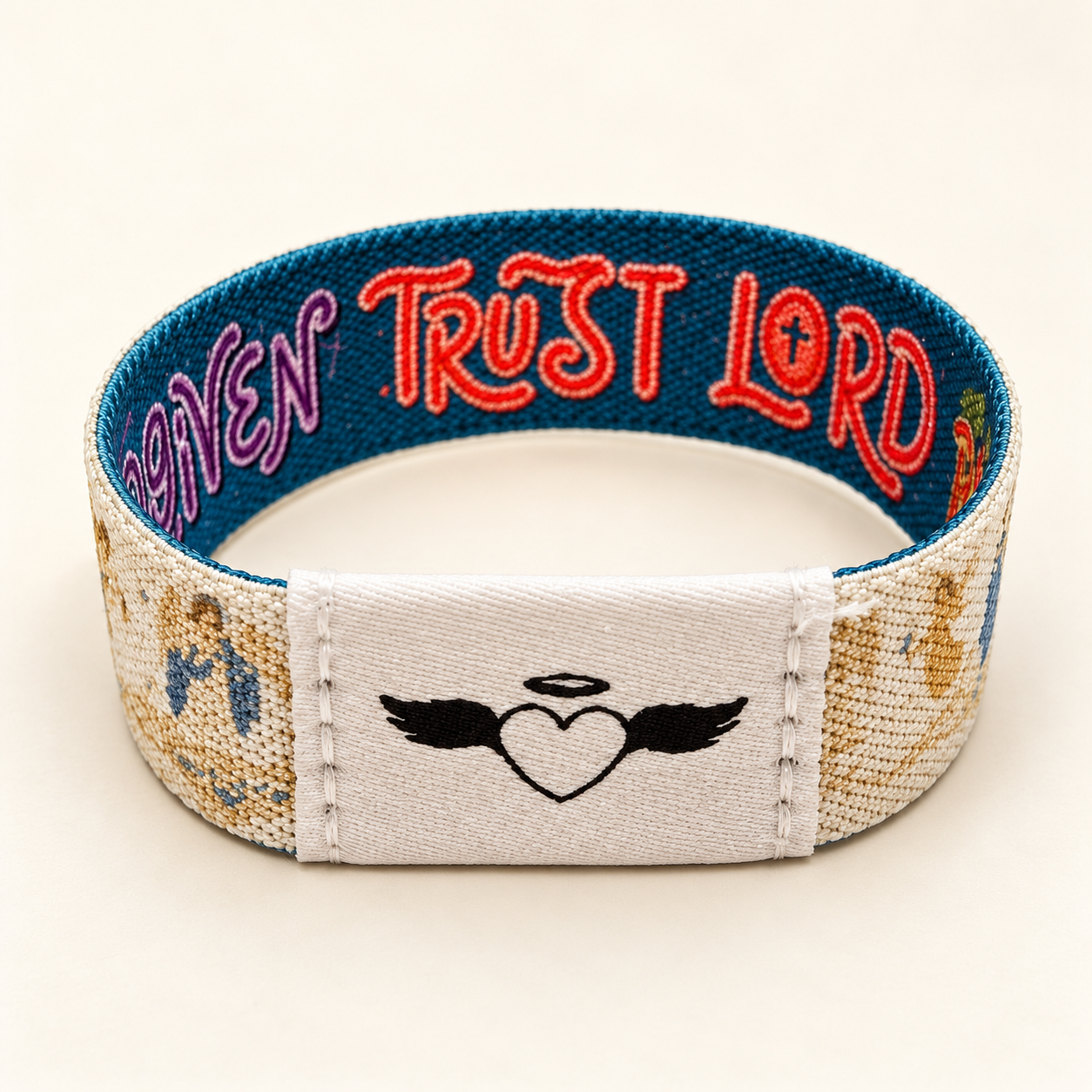 Bracelet Bible Band Ange Gardien, cœur ailé et inscription Trust Lord