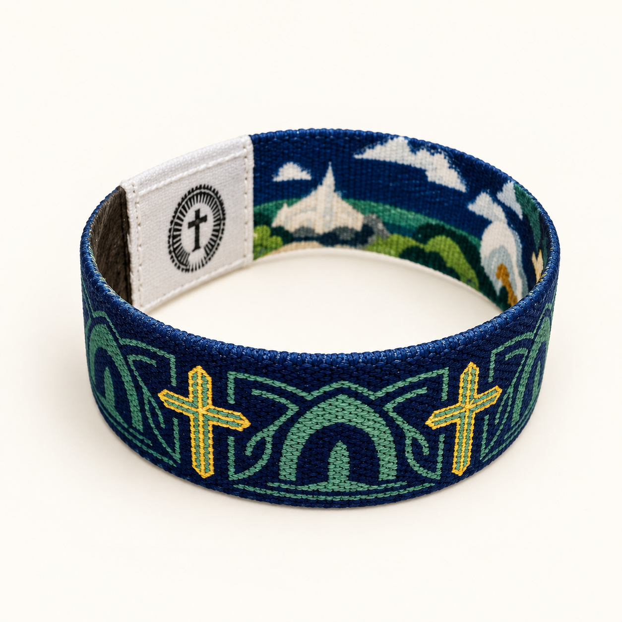 Bracelet Bible Band Croix et Sanctuaire de Lourdes : Croix jaunes et motifs verts