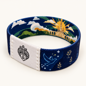 Bracelet Bible Band Croix et Sanctuaire de Lourdes : Illustration du Sanctuaire et panneau blanc